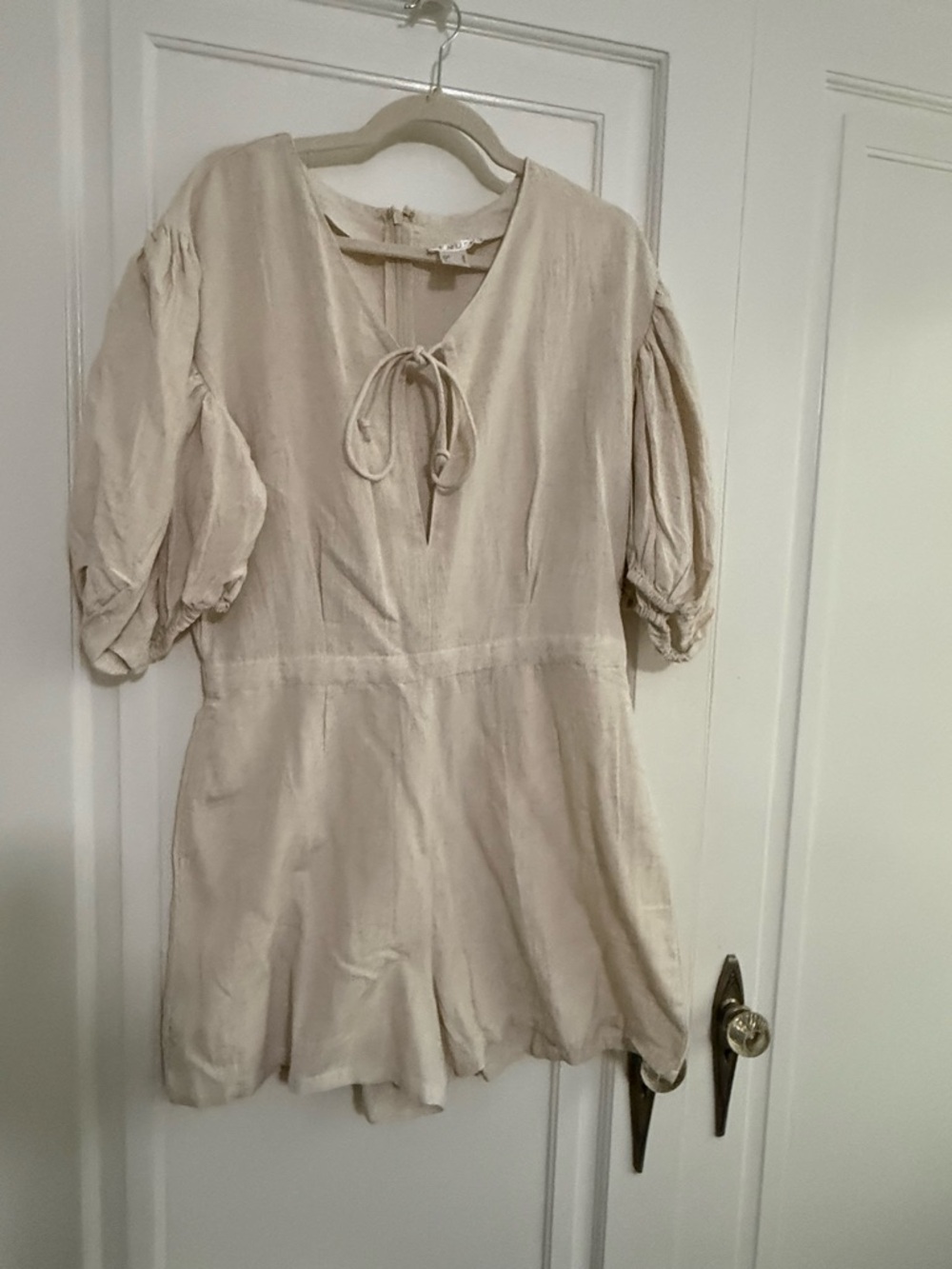Woven Tie-Neck Peasant Romper in Linen Beige